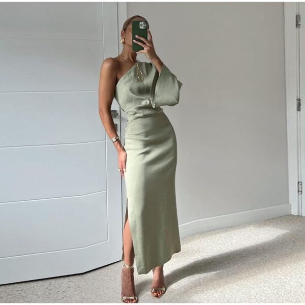 Damska Sukienka Maxi | Jedno ramię długi rękaw asymetryczne wycięcie – Zielony