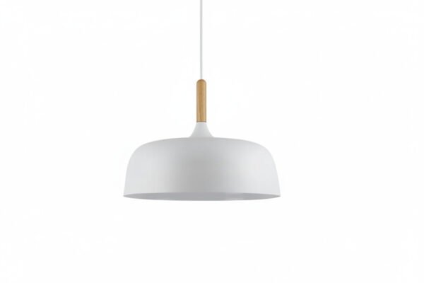 Biała lampa wisząca z metalowym kloszem i drewnianym detalem 32 × 25 cm