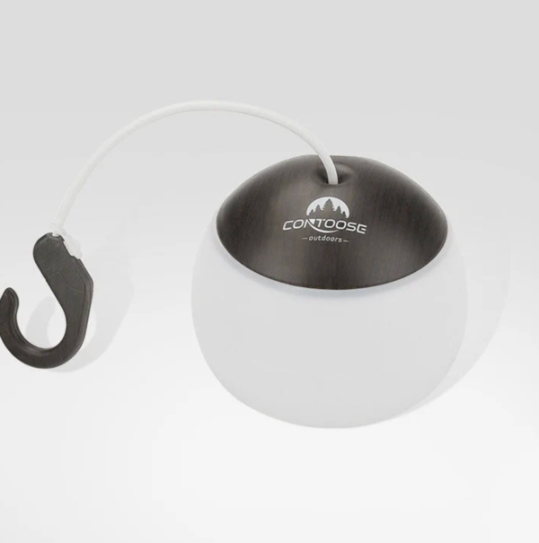 Czarna lampa kempingowa LED z uchwytem, ładowana przez USB