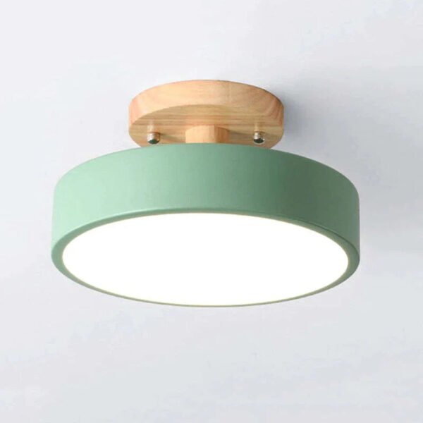 Zielona okrągła lampa sufitowa LED z drewnianą podstawą