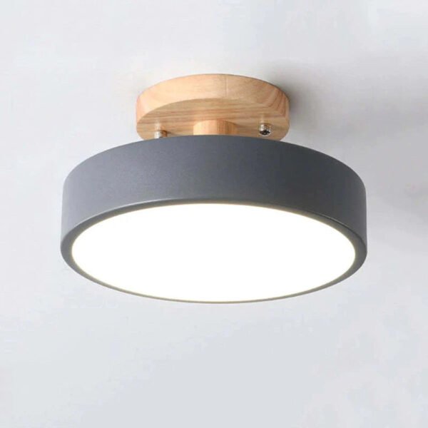 Szara okrągła lampa sufitowa LED z drewnianą podstawą
