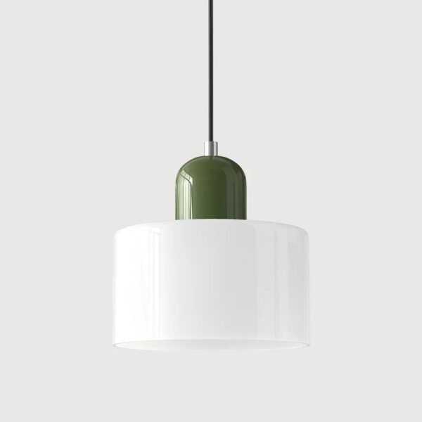 Lampa wisząca z kolorowego szkła, biały klosz i zielony detal