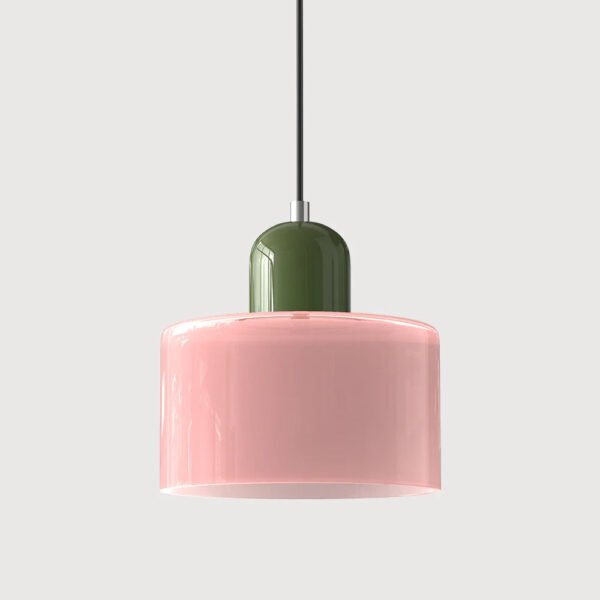 Różowa lampa wisząca z kolorowego szkła – różowy klosz i zielona górna część