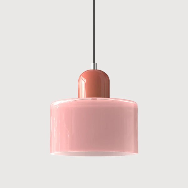 Różowa lampa wisząca z kolorowego szkła – różowy klosz i górna część