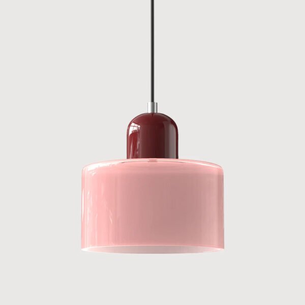 Różowa lampa wisząca z kolorowego szkła – różowy klosz i bordowa górna część