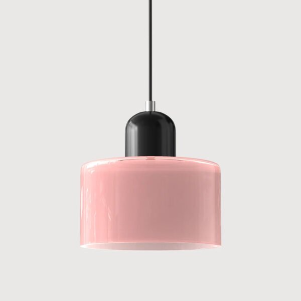 Różowa lampa wisząca z kolorowego szkła – różowy klosz i czarna górna część
