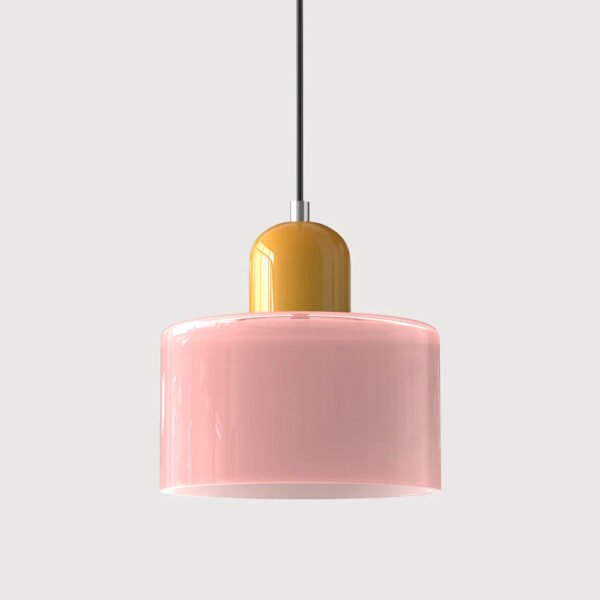 Różowa lampa wisząca z kolorowego szkła – różowy klosz i złota górna część