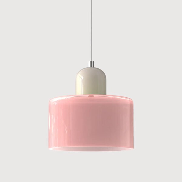 Różowa lampa wisząca z kolorowego szkła – różowy klosz i biała górna część
