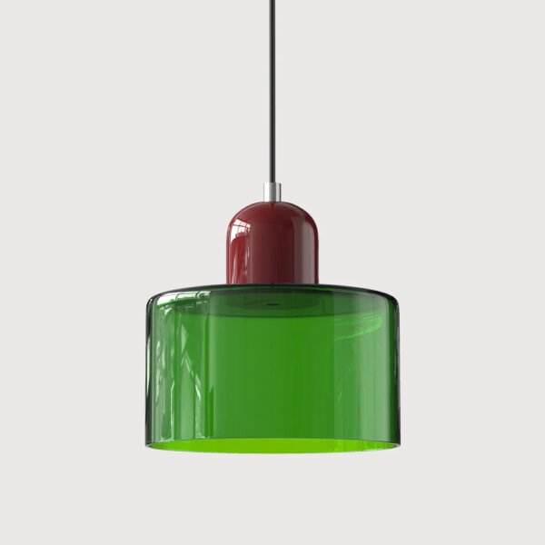 Nowoczesna lampa wisząca z kolorowego szkła — zielony klosz, bordowy górny detal