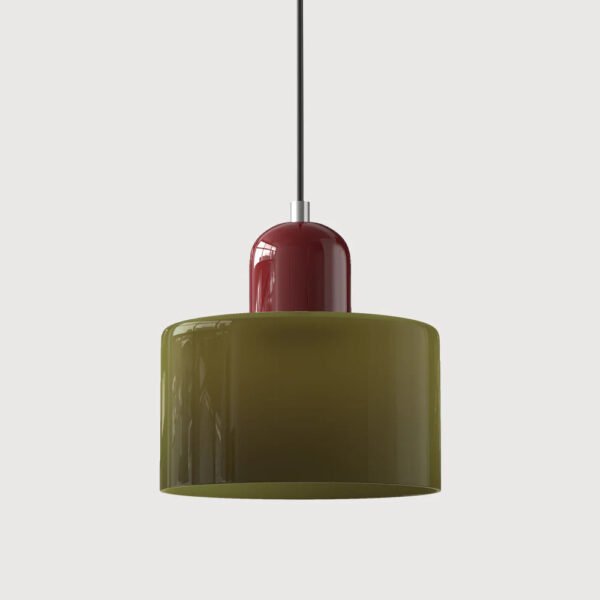 Lampa wisząca z kolorowego szkła – ciemnozielony klosz, bordowy górny detal
